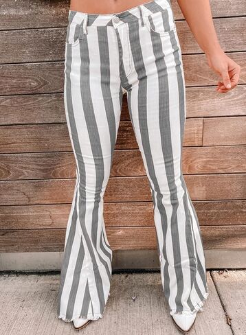 Sidefeel Womens Striped Bell Bottom Jeans Raw Hem Flared Denim Pants in Saudi Arabia