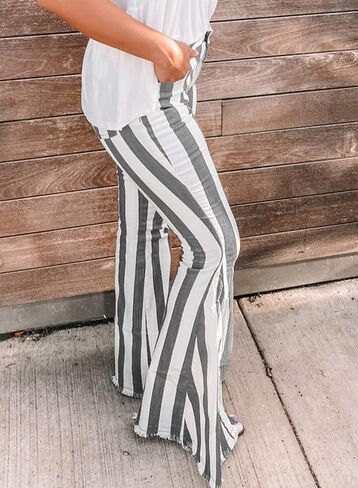 Sidefeel Womens Striped Bell Bottom Jeans Raw Hem Flared Denim Pants in Saudi Arabia