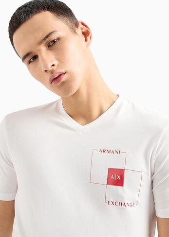 تي شيرت A｜X ARMANI EXCHANGE للرجال ذو قصة ضيقة ورقبة على شكل حرف V من القطن بشعار قابل للتمدد in Kuwait