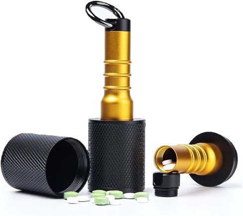 Metal Waterproof Pill Container for Travel, Portable Small Pill Box for Keychain, Black & Gold Pill Bottle EDC for Outdoor Vacation, 2 Compartment Medicine Pill Organizer for Men Gifts. in Saudi Arabia