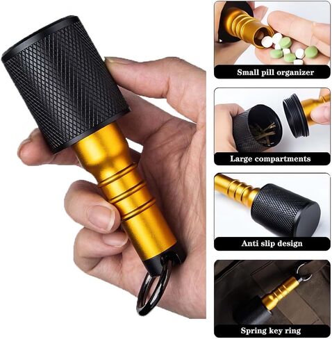 Metal Waterproof Pill Container for Travel, Portable Small Pill Box for Keychain, Black & Gold Pill Bottle EDC for Outdoor Vacation, 2 Compartment Medicine Pill Organizer for Men Gifts. in Saudi Arabia