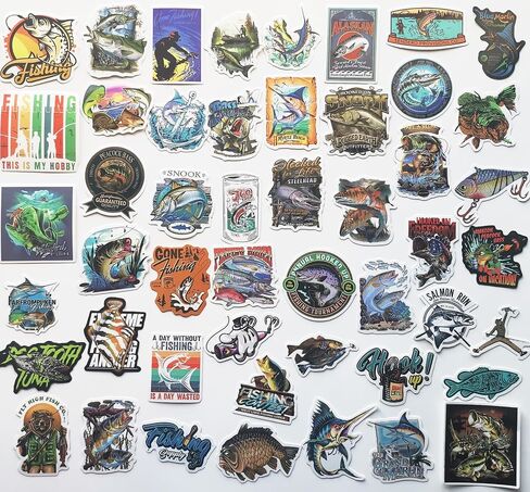 50Pcs Funny Fishing Ice Fishing Fly Fishing Stickers for Boats Fish Decals Trout Bass Walleye Catfish Graphics for Toolbox Coolers in Saudi Arabia