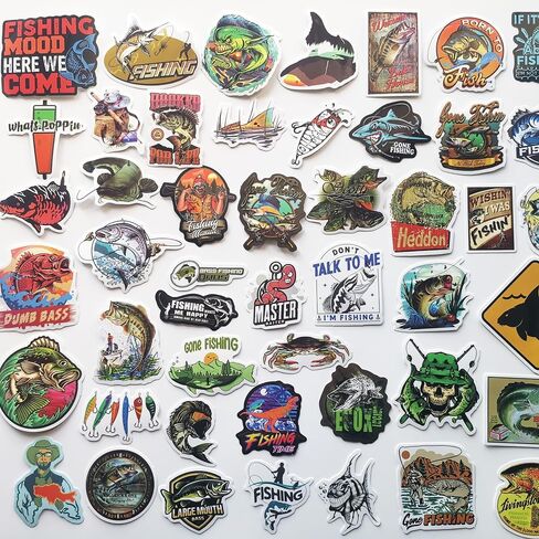 50Pcs Funny Fishing Ice Fishing Fly Fishing Stickers for Boats Fish Decals Trout Bass Walleye Catfish Graphics for Toolbox Coolers in Saudi Arabia