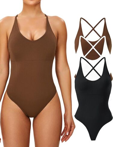 Shapewear Bodysuit Tummy Control, Womens Backlss Sleeveless One Piece Ribbed V Neck Compression Bodysuit for Women in Saudi Arabia