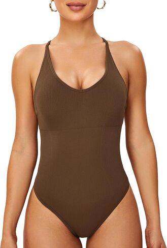 Shapewear Bodysuit Tummy Control, Womens Backlss Sleeveless One Piece Ribbed V Neck Compression Bodysuit for Women in Saudi Arabia