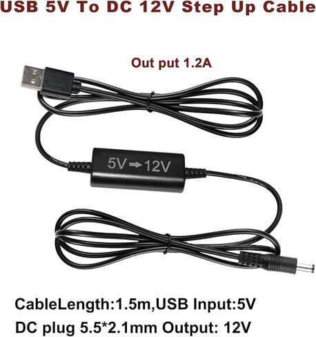 محول تيار مستمر من 5 فولت إلى 12 فولت، كابل USB إلى 12 فولت تيار مستمر - 5FT 1.2A محول الجهد الكهربي DC 5.5*2.1 مم (مع مقبس تيار مستمر 2.5 مم/1.35 مم)، لبنك الطاقة/نظام الدوائر التلفزيونية المغلقة/الشاشة/الكاميرا /مكبرات الصوت in Kuwait