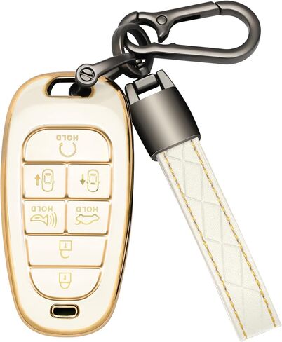 غطاء مفتاح Hyundai Key Fob مع سلسلة مفاتيح ممتازة من مادة TPU غطاء حماية 360 درجة لعام 2019 2020 2021 2022 2023 Hyundai Sonata Santa fe Tucson 7 أزرار مفتاح ذكي (B أبيض) in Saudi Arabia