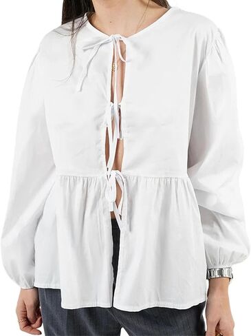 Tie Front Tops for Women Babydoll Puff Long Sleeve Bow Shirt Reversible Peplum Blouse Coquette Clothes in Saudi Arabia