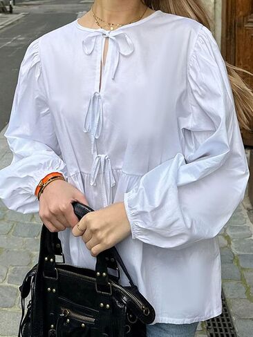 Tie Front Tops for Women Babydoll Puff Long Sleeve Bow Shirt Reversible Peplum Blouse Coquette Clothes in Saudi Arabia