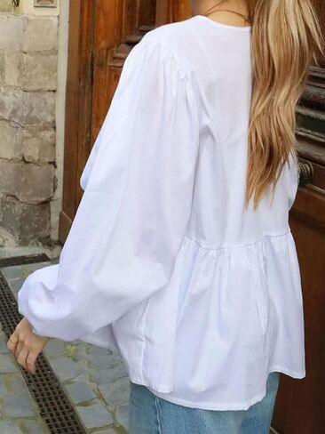 Tie Front Tops for Women Babydoll Puff Long Sleeve Bow Shirt Reversible Peplum Blouse Coquette Clothes in Saudi Arabia