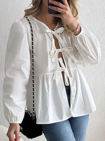 Tie Front Tops for Women Babydoll Puff Long Sleeve Bow Shirt Reversible Peplum Blouse Coquette Clothes in Saudi Arabia