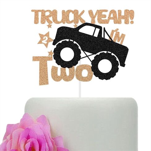 غطاء كعكة عيد الميلاد الثاني السعيد بموضوع الشاحنة، ديكورات حفلات Monster Truck بعمر عامين، موضوع الشاحنة الكبيرة I'm Two، ذهبي وردي وأسود in Kuwait
