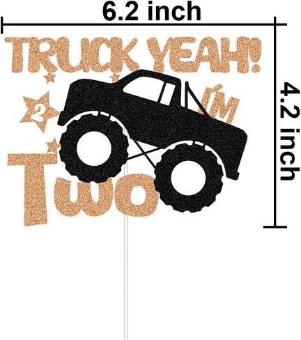 غطاء كعكة عيد الميلاد الثاني السعيد بموضوع الشاحنة، ديكورات حفلات Monster Truck بعمر عامين، موضوع الشاحنة الكبيرة I'm Two، ذهبي وردي وأسود in Kuwait