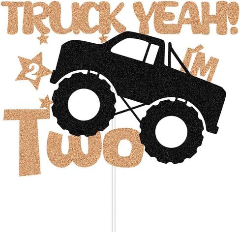 غطاء كعكة عيد الميلاد الثاني السعيد بموضوع الشاحنة، ديكورات حفلات Monster Truck بعمر عامين، موضوع الشاحنة الكبيرة I'm Two، ذهبي وردي وأسود in Kuwait