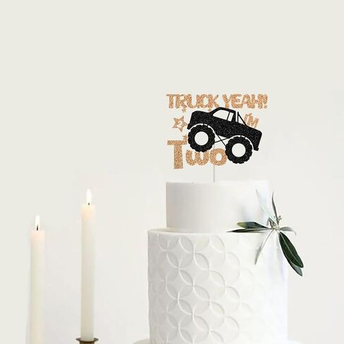 غطاء كعكة عيد الميلاد الثاني السعيد بموضوع الشاحنة، ديكورات حفلات Monster Truck بعمر عامين، موضوع الشاحنة الكبيرة I'm Two، ذهبي وردي وأسود in Kuwait