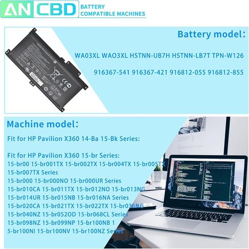 WA03XL WAO3XL Laptop Battery for HP Pavilion X360 14-BA 15-BK 15-BR 15-BR001TX Series HSTNN-UB7H HSTNN-LB7T TPN-W126 916367-541 916367-421 916812-055 916812-855 11.4V/48Wh 3-Cell. in Saudi Arabia