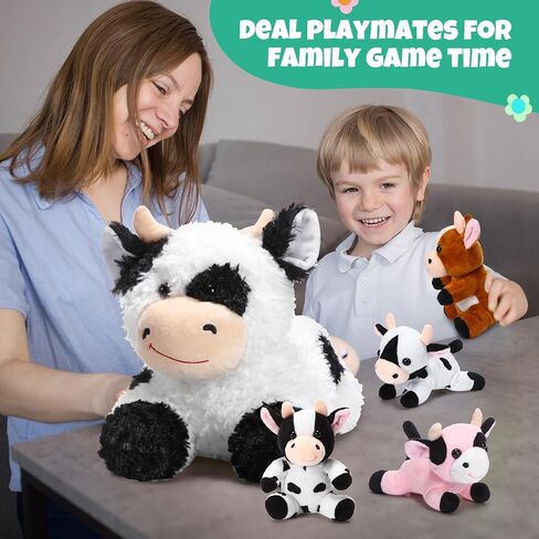 Shappy 5 Pcs Cow Stuffed Plush Animals Set, 1 Mommy Cow Stuffed Animal with 4 Baby Cute Plushy Cows in Her Tummy Cuddly Soft Plushie Toy Set for Party Favors Boys Girls Birthday Gifts in Saudi Arabia
