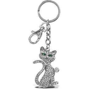 Elegant Cat Keychain - Silver 3D Sparkling Charm Rhinestones Fashionable Stylish Metal Alloy Durable Key Ring Bling Crystal Jewelry Accessory with Clasp
