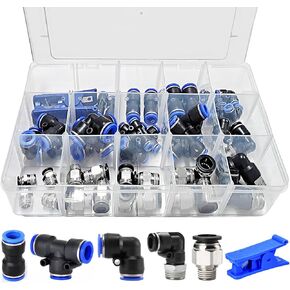 45PCS Air Hose Fitting kit, NPT Thread Push To Connect Fittings, Nylon Tubing 1/4, 3/8, 1/2 Inch Quick Connect Fittings, Air Line Fittings assortment kit for Automotive Car or Industrial Work