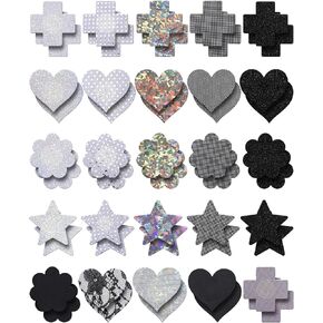 Poen 25 Pairs Summer Nipple Covers Stickers Self Adhesive Boobs Glitters Pasties Reusable Sticky Nipple Patch for Women Rave Party Black, White