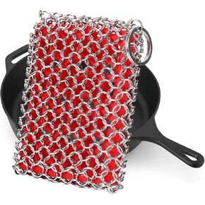 Cast Iron Skillet Cleaner, 316 Stainless Steel Chainmail Cleaning Scrubber with Silicone Insert for Cleaning Castiron Pan,Griddle,Baking Pan