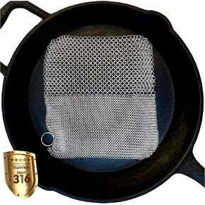 Mesh Cast Iron Scrubber Fine Rings Welded Chainmail Scrubber for Cups, Skillet Cast Iron Cleaner (6"X6")