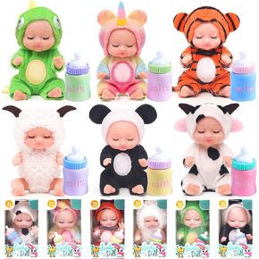 6 Pcs 4 Inch Mini Baby Dolls Set Realistic Baby Doll with Animal Clothes for Kids Cute Dolls Gift with Tiny Feeding Bottles for Children 3+ Birthday Party Easter Egg Filler Baby Shower Favors