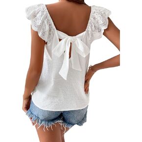 Floerns Women's Eyelet Embroidery Tie Back Flounce Sweetheart Cap Sleeve Blouse Top