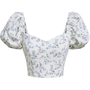 Floerns Women's Floral Print Puff Sleeve Tie Back Sweetheart Neck Crop Blouse Top