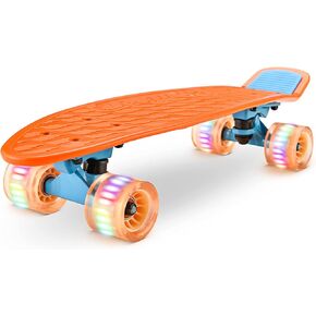 Standard Skateboard Mini Cruiser - 6'' PP Deck Complete Double Kick Skate Board w/ 3.25" Aluminum Alloy Truck, PU Wheels w/LED Light - for Kids, Teens, Adults (Orange)