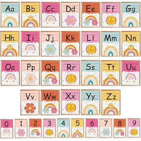 Whaline 36Pcs Boho Alphabet Number Bulletin Board Set Groovy Rainbow Flower ABC Alphabet Card 0-9 Number Card with Glue Points for Classroom Home Decoration