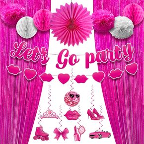 زينة حفلات أعياد الميلاد تحت عنوان Let's Go Party لافتة حفلات عيد الميلاد من Let's Go Party لوازم ديكور حفلات أعياد الميلاد مع لافتة وردية اللون ودوامات معلقة وستائر فويل وردية in Kuwait