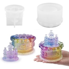 Storage Box Resin Mold with Lid, Cake Shaped Jar Silicone Mold, Cake Castle Resin Jar Mold for Epoxy Resin, DIY Jewelry Trinket Candy Container Candle Holder Home Decor Organizer Gift