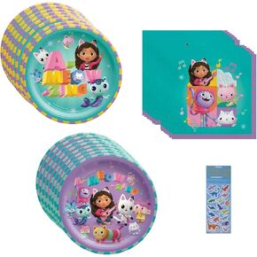 Gabby's Dollhouse Birthday Party Supplies Bundle includes 8 Dessert Cake Plates, 8 Lunch Plates, 16 Napkins, 1 Dinosaur Sticker Sheet