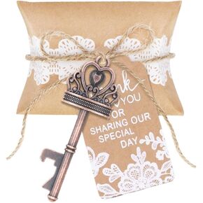 50 Sets Vintage Crown Key Bottle Openers, Wedding Favor Souvenir Gift for Guests with Escort Tag Pillow Candy Box and Satin Ribbon (Bronze)
