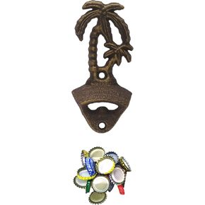 Palm Tree Cast Iron Beer Bottle Opener Wall Mounted with Magnetic Cap Catcher (Aged Bronze)