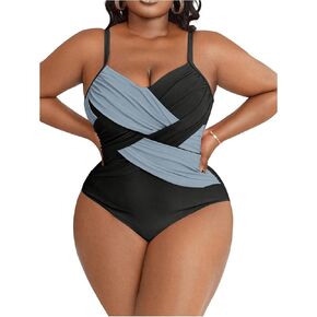 OYOANGLE Women's Plus Size One Piece Swimsuit Colorblock Criss Cross Ruched Spaghetti Straps Swimwear