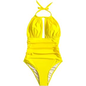 SOLY HUX Women's One Piece Swimsuit Halter Cut Out Front Ruched Monokini Bathing Suit