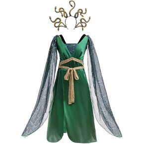 Dressy Daisy Little Girls Green Medusa Dress Halloween Costume Party Outfit with Gold Snakes Headband Size 5-12