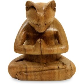 NOVICA Brown Meditation Prayer Natural Grain Suar Wood Yoga Sculpture, 5.25" Tall 'Kitty Cat Prayer'