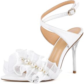 Women Ruffles Pearl Heels Elegant Stiletto Bridal Sandals For Wedding Pointed Toe High Heel Dressy Cross Strap Strappy Party Evening Heels