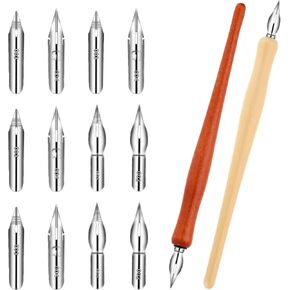 14 Pcs Dip Pen Set Nib Pen Holder Comic Pen Nib Set G Pen Ink Nib Calligraphy Pen Nibs Wooden Drawing Pen Holder with Stainless Steel Pen Nibs Dip Pens for Writing, Painting, Signing