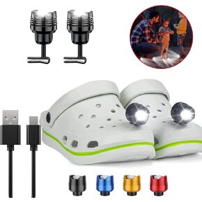 2 Pcs Rechargable Headlights for Croc, Outdoor Waterproof LED Flashlight for Shoes, Clip on Crock Light Attachment Charm, Accessories for Camping, Walking, IPX6, 3 Light Modes, Last 20 Hours