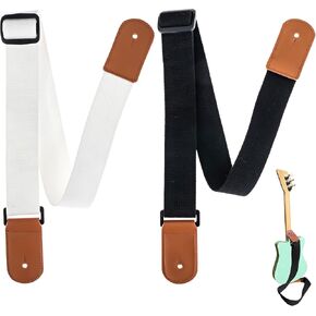 [2 Pack] Guitar Strap for Kids - 1 White Strap + 1 Black Strap With Leather Ends - Perfect Fit For Mini Guitars & Ukuleles - Extends Up To 39" For Adults