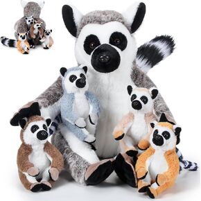 5 Pcs Lemur Stuffed Animal Set Mommy Lemur Plush with 4 Cute Babies in Her Tummy Soft Cuddly Lemur Plushie Lemur Plush Toys for Boys Girls Birthday Gifts Baby Shower Woodland Party Decor