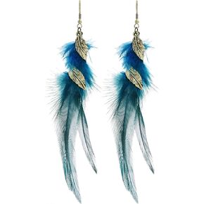 Bohemian Handmade Natural Long Feather Dangle Earrings Vintage Boho Multicolor Tassel Feathers Dangle Drop Earrings for Women