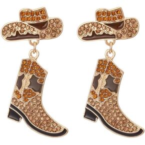Rhinestone Western Boots Earrings Cowgirl Cowboy Enamel Hat Crystal Rodeo Boot Drop Dangle Earrings Sparkly Western Earrings for Women