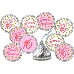 Pink 16th Birthday Kisses Stickers, (Set of 216), Sweet 16 Chocolate Drops Labels Stickers Party Favors Decor for Kisses