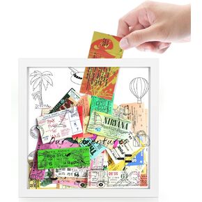 Travel Tickets Collection Shadow Box Frame, Funny Display Box for Collecting Tickets of Sporting Travelling Events – Piggy Bank Frame Memory Box with Slot on Top, Black 8x8"