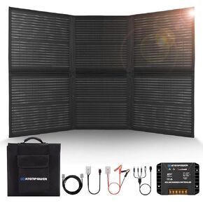 ATEM POWER 200W Portable Solar Panel - Foldable Solar Charger Monocrystalline with 20A MPPT Charger Controller 5V USB Output for 12V Batterires/Power Station Outdoor Camper RV Off Grid